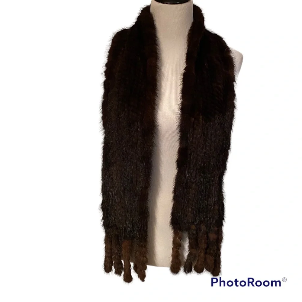 SCARF BROWN MINK FUR LONG RECTANGLE FRINGE ENDS SOFT LUXURY MOB WIFE